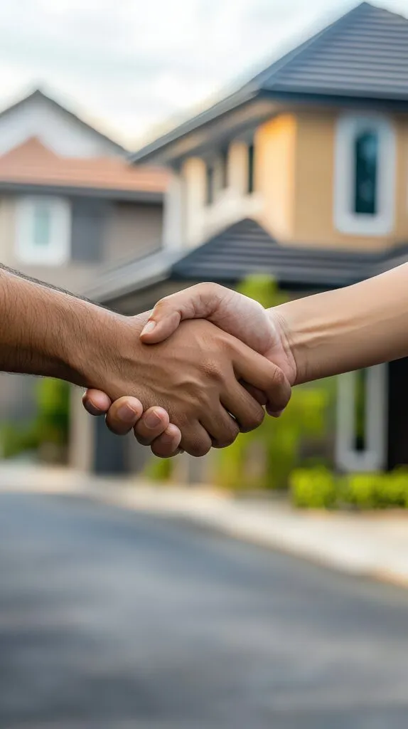 A foreperson and a real estate agent shaking hands at a finished housing project, celebrating the sale of a new home.